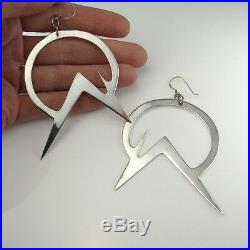 1980s BIG LONG DROP Sterling Silver Earrings 925 Modernist Boho Space Star Trek