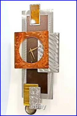 Modern Metal Art Pendulum Clock Silver Golden Brown Signed Original Jon Allen
