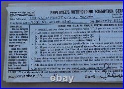 RARE 1967 Leonard Nimoy Spock of Star Trek Spok Original Series Signed Form W-4