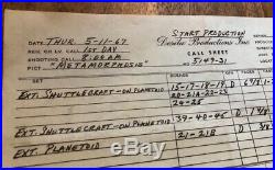 Star Trek Original Series Handwritten Call Sheet Metamorphosis Shatner Nimoy